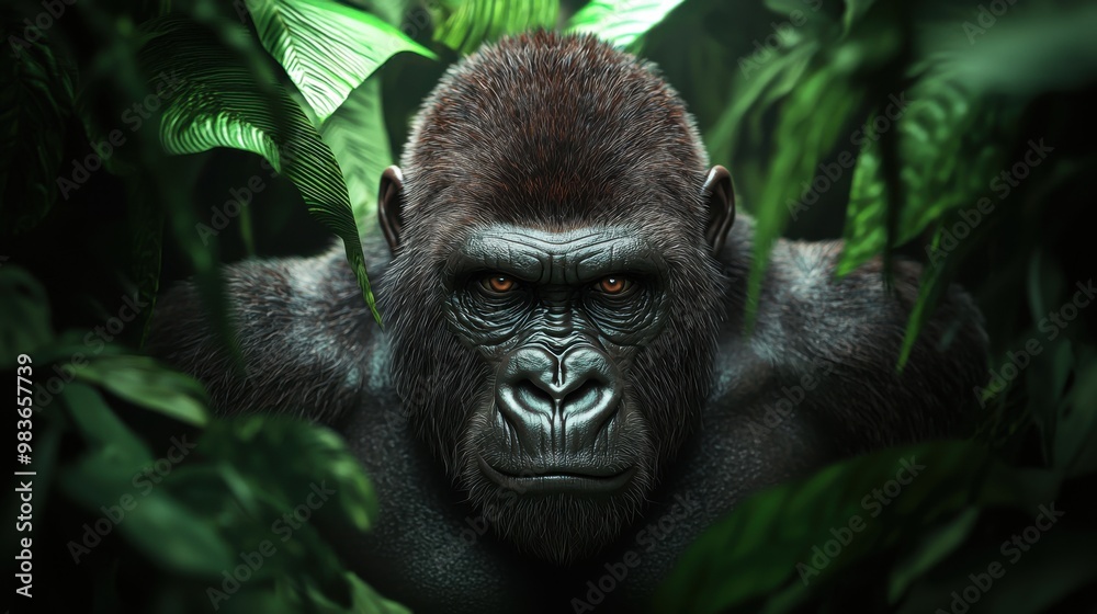 A 3D-rendered gorilla pounding its chest while standing in a dense jungle zoo environment A 3D-rendered gorilla pounding its chest while standing in a dense jungle zoo environment