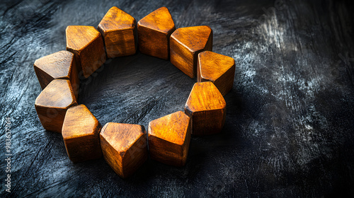 Wooden geometric shapes arranged in a circle on a dark textured background. photo