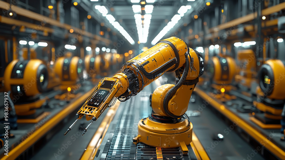 A robotic arm on an assembly line in a factory. A robotic arm on an assembly line in a factory.