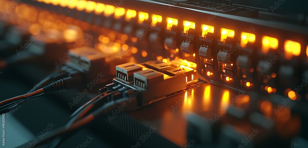 Detailed view of a network switch with several unplugged ports. Detailed view of a network switch with several unplugged ports.