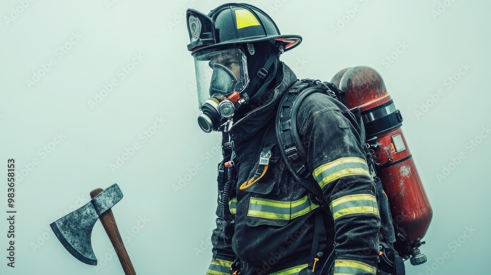 Naklejka premium Firefighter in Full Gear with Axe