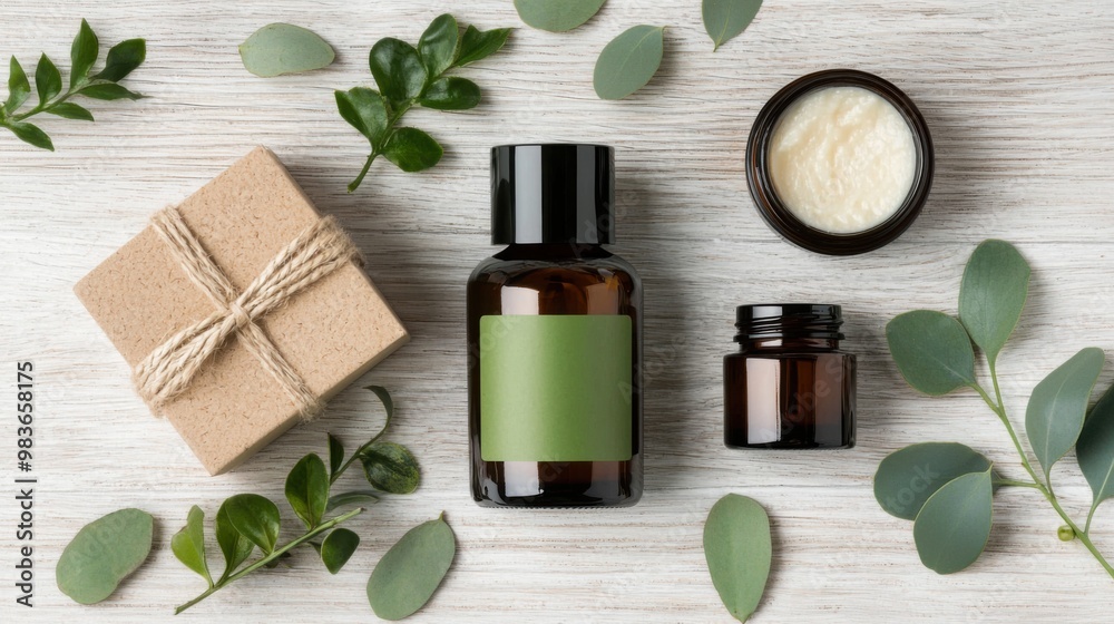 Skincare essentials in eco-conscious packaging displayed on a rustic wooden background with botanical elements Skincare essentials in eco-conscious packaging displayed on a rustic wooden background with botanical elements