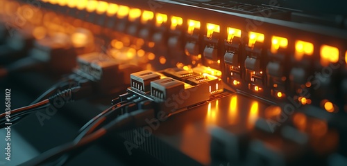 Detailed view of a network switch with several unplugged ports.