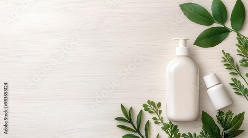 Minimalist top view of eco-conscious skincare bottles on a light wooden table with soft lighting and plant accents