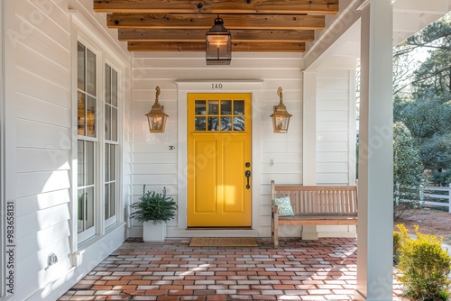 Wallpaper Mural Modern farmhouse front porch featuring a yellow door, white walls with wooden beams, and brick flooring, complemented by a bench and natural lighting. Torontodigital.ca