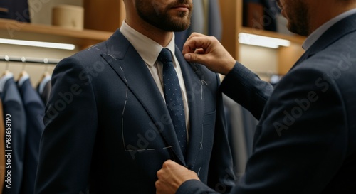 Man in a suit being fitted by a tailor.