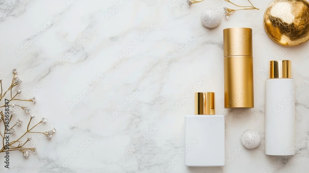 Top view of luxury beauty products with sleek gold packaging and diamond-encrusted accents on a marble surface Top view of luxury beauty products with sleek gold packaging and diamond-encrusted accents on a marble surface