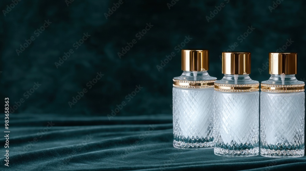 High-end cosmetics in glass bottles with gold caps and diamond details arranged elegantly on a velvet background High-end cosmetics in glass bottles with gold caps and diamond details arranged elegantly on a velvet background