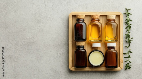 Top view of refillable glass bottles containing natural oils and creams arranged on a bamboo tray photo