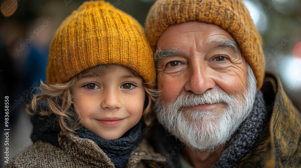 A young girl and an older man smile warmly for the camera while wearing matching knitted hats. A young girl and an older man smile warmly for the camera while wearing matching knitted hats.