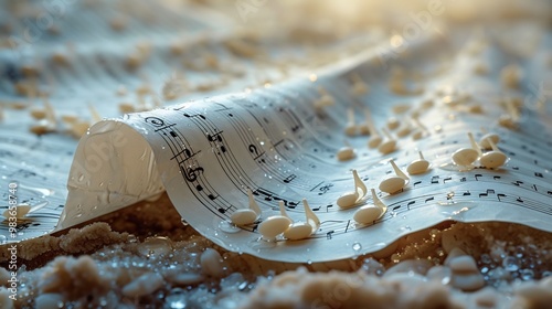 Symphony of musical notes on sheet music flowing together in perfect harmony to represent teamwork without any instruments