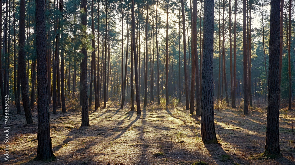 Obraz premium Sunbeams stream through a dense pine forest, casting long shadows on the forest floor.