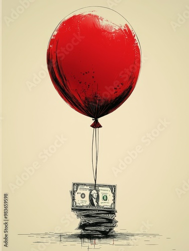 Red Balloon Lifts Dollar Bill Art Illustration