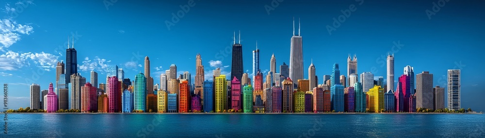 Obraz premium A group of artists painting a stunning mural on a city skyline, photorealistic, urban, creative, high-quality :: paintbrushes, colors, skyline, expression, culture, artistry