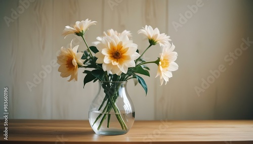 Clean Aesthetic wooden table. minimalist interior. Vase, plant, flower. Daisy. 