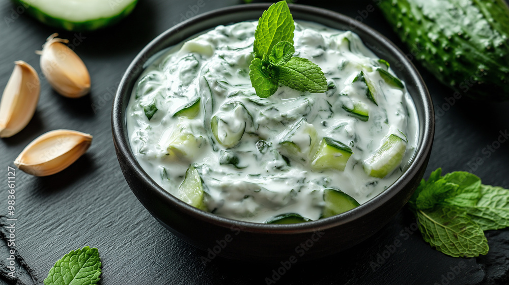 Homemade cucumber raita with yoghurt and garlic and menthol Homemade cucumber raita with yoghurt and garlic and menthol