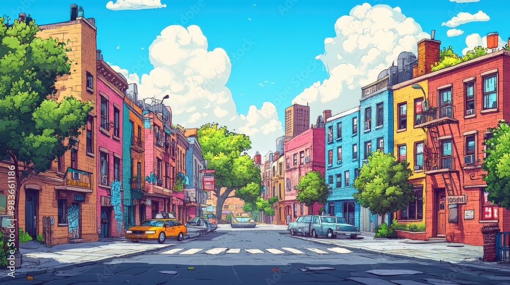 Obraz premium Vibrant City Street with Colorful Buildings and Trees