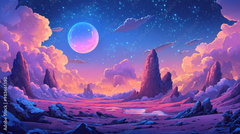 Dreamy Landscape with Stars and Moonlit Sky Dreamy Landscape with Stars and Moonlit Sky