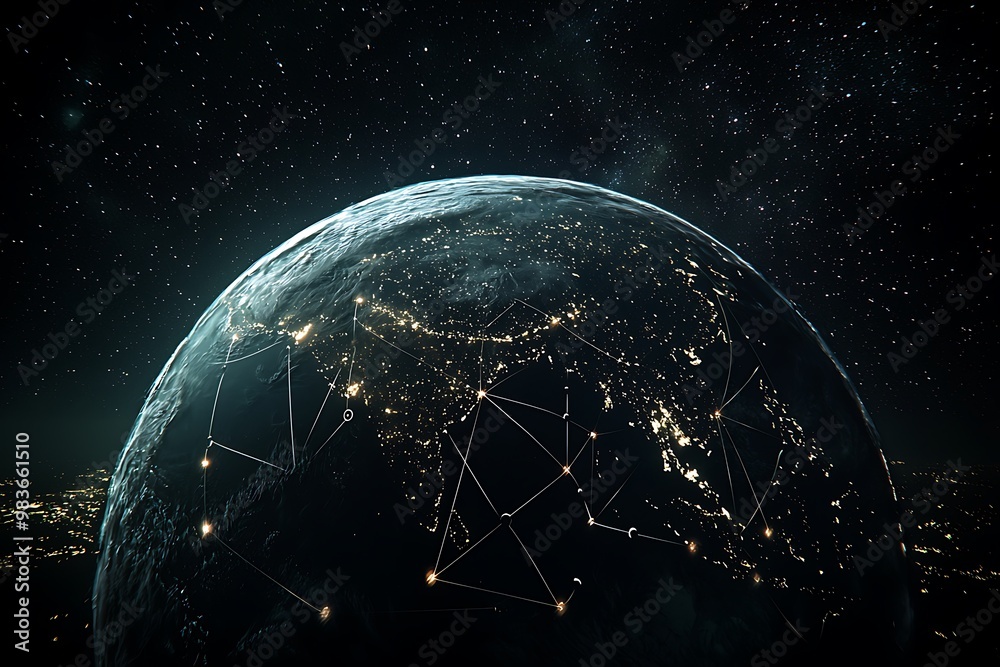 Obraz premium Earth encircled by network designs against the cosmos.
