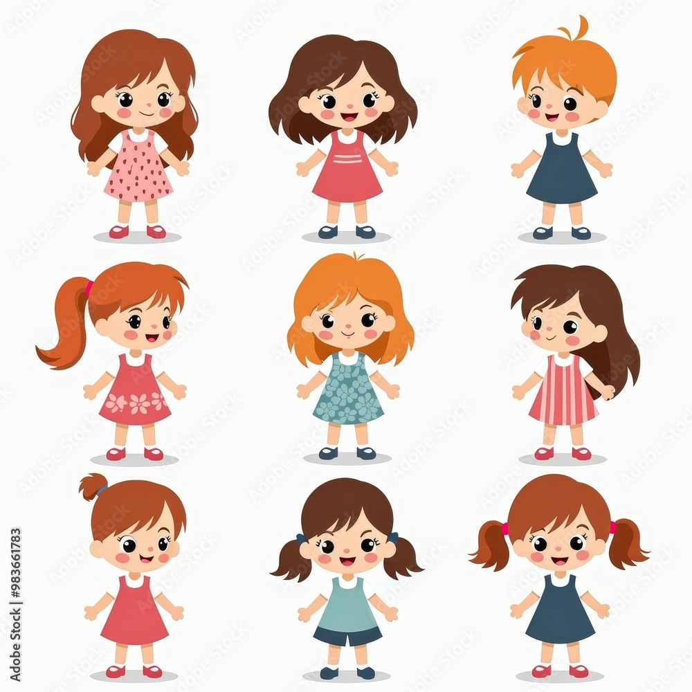 Cute Cartoon Girls in Different Outfits with Happy Expressions - Adorable Character Illustrations for Kids' Designs Cute Cartoon Girls in Different Outfits with Happy Expressions - Adorable Character Illustrations for Kids' Designs