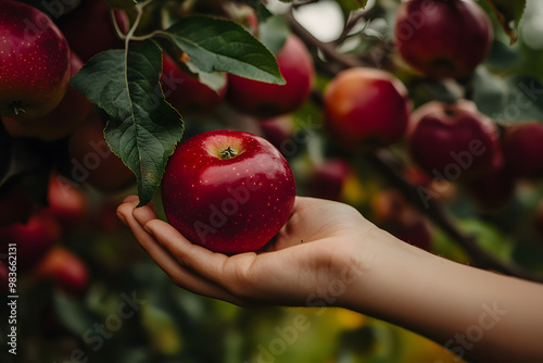 Hand Holding Red Apple in Orchard photo