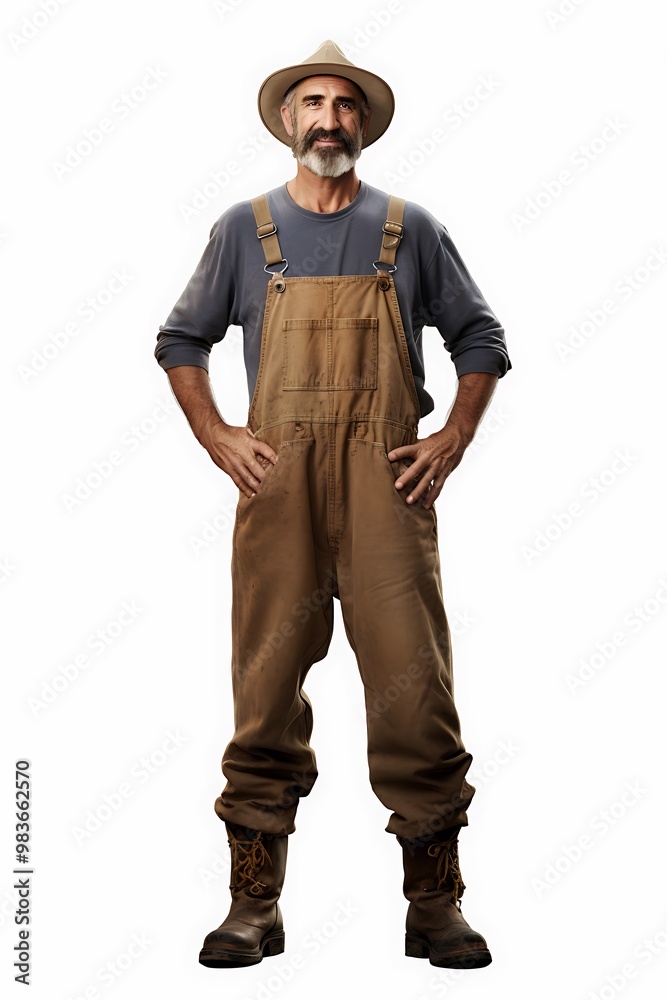 A dedicated farmer stands proudly in rustic attire against a plain background, showcasing his commitment to agricultural life and hard work A dedicated farmer stands proudly in rustic attire against a plain background, showcasing his commitment to agricultural life and hard work