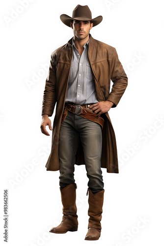 A cowboy stands tall in a stylish long leather coat, hat, and boots, showcasing a classic western look that embodies rugged charm and cowboy culture