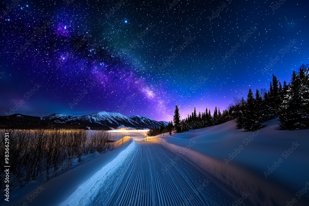 Snowy pine forest under a starry night sky, winter enchantment, celestial beauty, quiet solitude :: snowshoeing, stargazing, Northern Lights Snowy pine forest under a starry night sky, winter enchantment, celestial beauty, quiet solitude :: snowshoeing, stargazing, Northern Lights