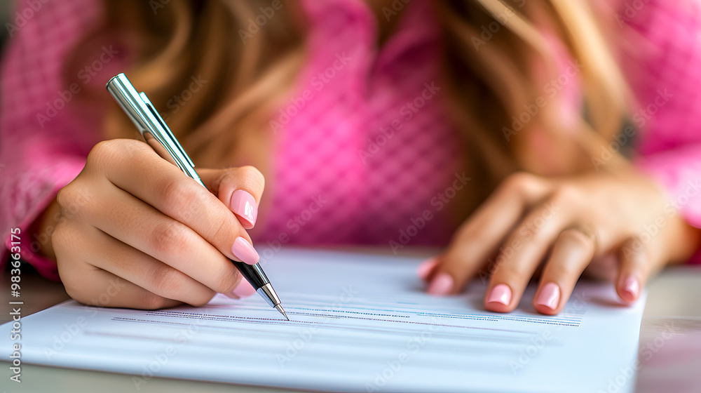Woman Signing Document with Silver Pen Woman Signing Document with Silver Pen