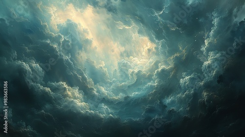 Abstract art of cloudy sky dynamic shades of gray and blue with vibrant sunlight breaking through