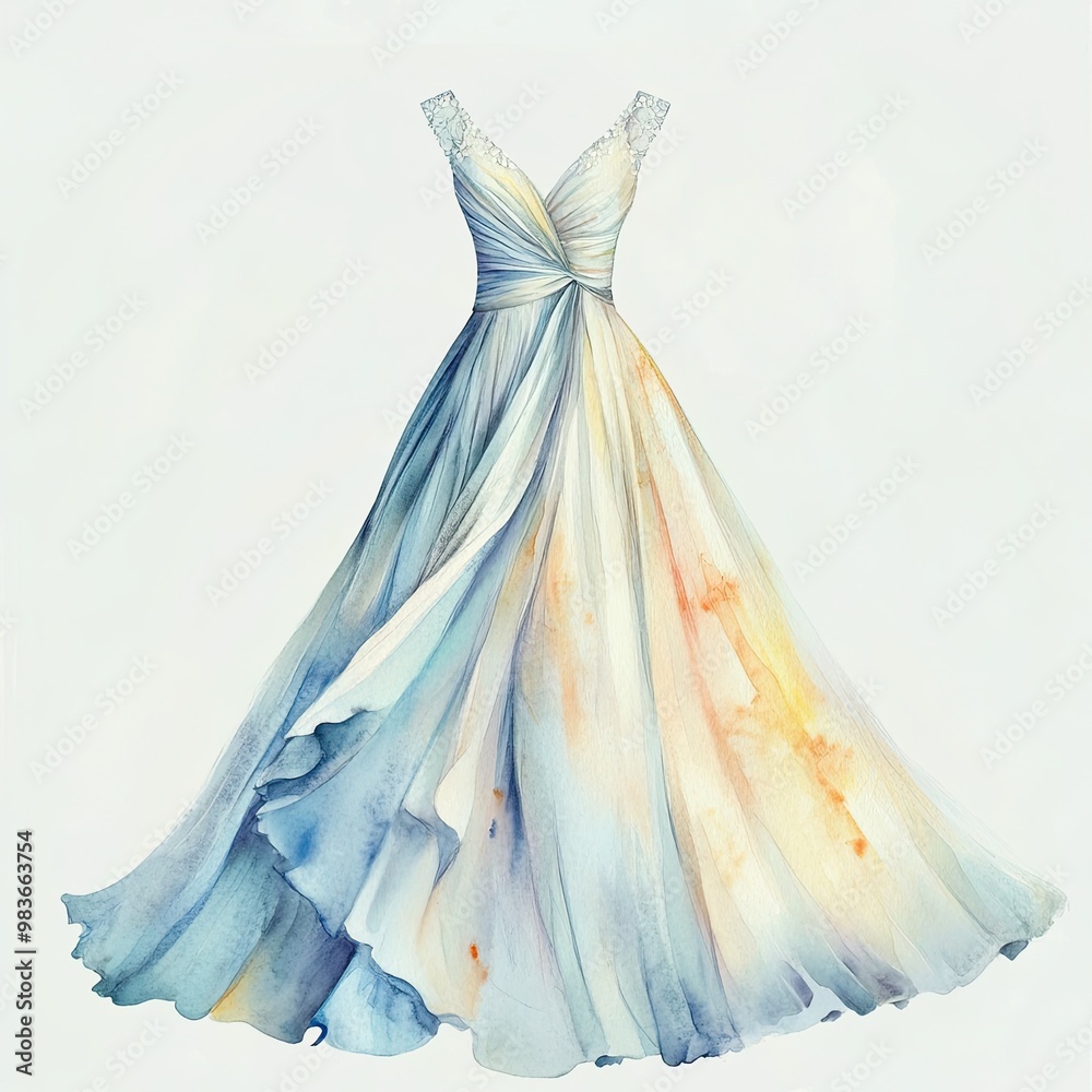 Obraz premium Elegant watercolor illustration of a flowing dress in soft blue and yellow hues, perfect for fashion and design inspiration.