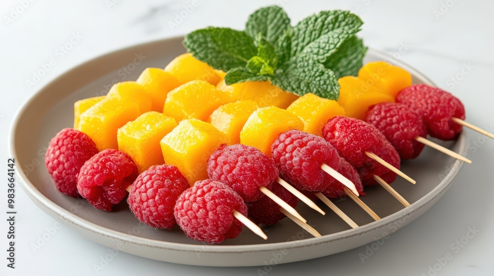Vibrant Fruit Skewers with Mint Garnish on Plate Vibrant Fruit Skewers with Mint Garnish on Plate