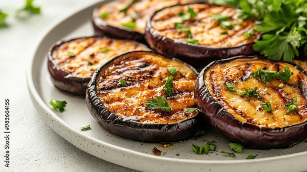 Grilled Eggplant Slices with Fresh Herbs on Plate Grilled Eggplant Slices with Fresh Herbs on Plate