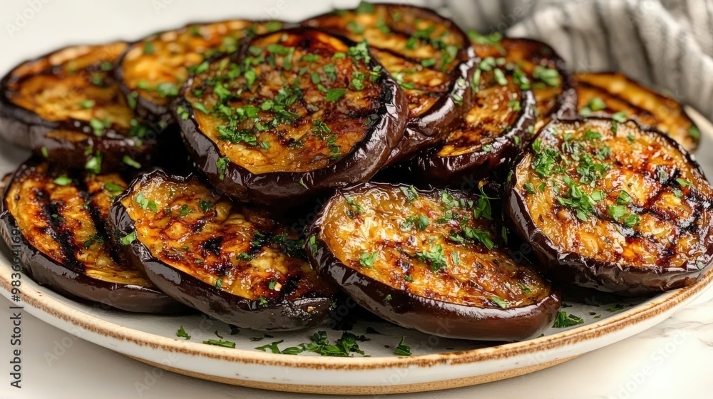 Grilled Eggplant Slices with Fresh Herbs Garnish Grilled Eggplant Slices with Fresh Herbs Garnish