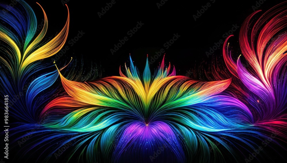 Obraz premium Rainbow lights like neon on black background Minimalist floral pattern, Zen lines, abstract 