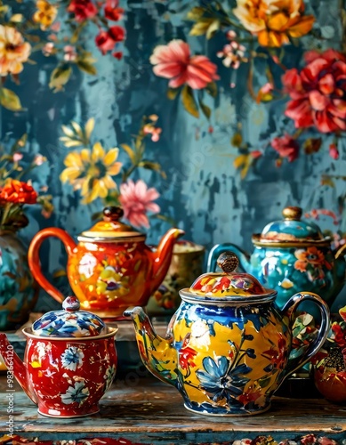 A vibrant collection of vintage floral-patterned teapots displayed against a richly colored floral backdrop. Perfect for tea lovers or anyone who enjoys charming, rustic kitchen decor.