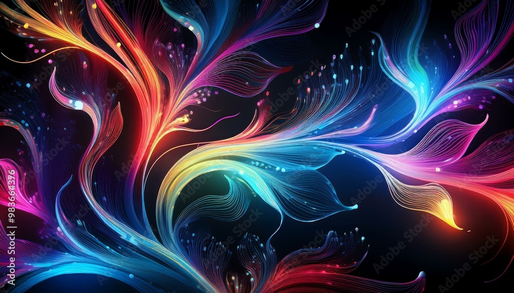 Rainbow lights like neon on black background Minimalist floral pattern, Zen lines, abstract Rainbow lights like neon on black background Minimalist floral pattern, Zen lines, abstract