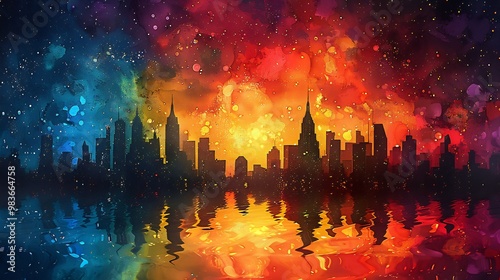 Abstract art of night sky with dynamic colors vibrant neon hues forming around a silhouette of city buildings