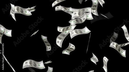 Money Falling - Dollar bills falling down from the sky. ollars bills falling down in 3D animation video,
Dollars falling in looped animation. Alpha mask. money rain, raining money, dollars falling. photo