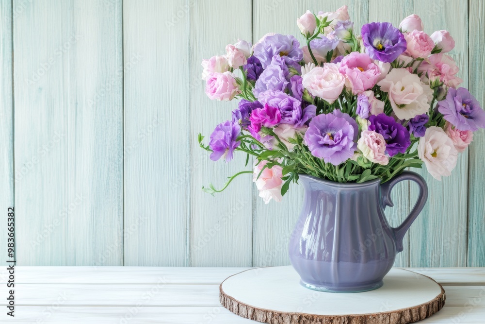Summer bouquet of purple and pink eustomas arranged in an antique coffee pot on a vintage wooden board for weddings and holidays Summer bouquet of purple and pink eustomas arranged in an antique coffee pot on a vintage wooden board for weddings and holidays