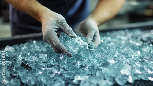 A close-up of hands wearing gloves handling clear ice pieces in a professional setting. photo