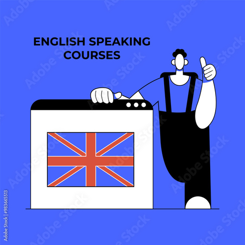 UK flag. English speaking courses or club, international language school for children and adults banner, social media or web advertisement. Native speaker. Flat vector illustration in cartoon style.