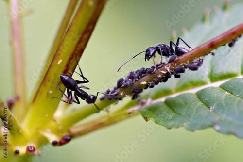 Close-up of ants interacting with aphids on a plant stem.