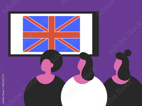 UK flag on Online English speaking courses or club, international language school for children and adults. Native speaker. Flat vector illustration in cartoon style.
