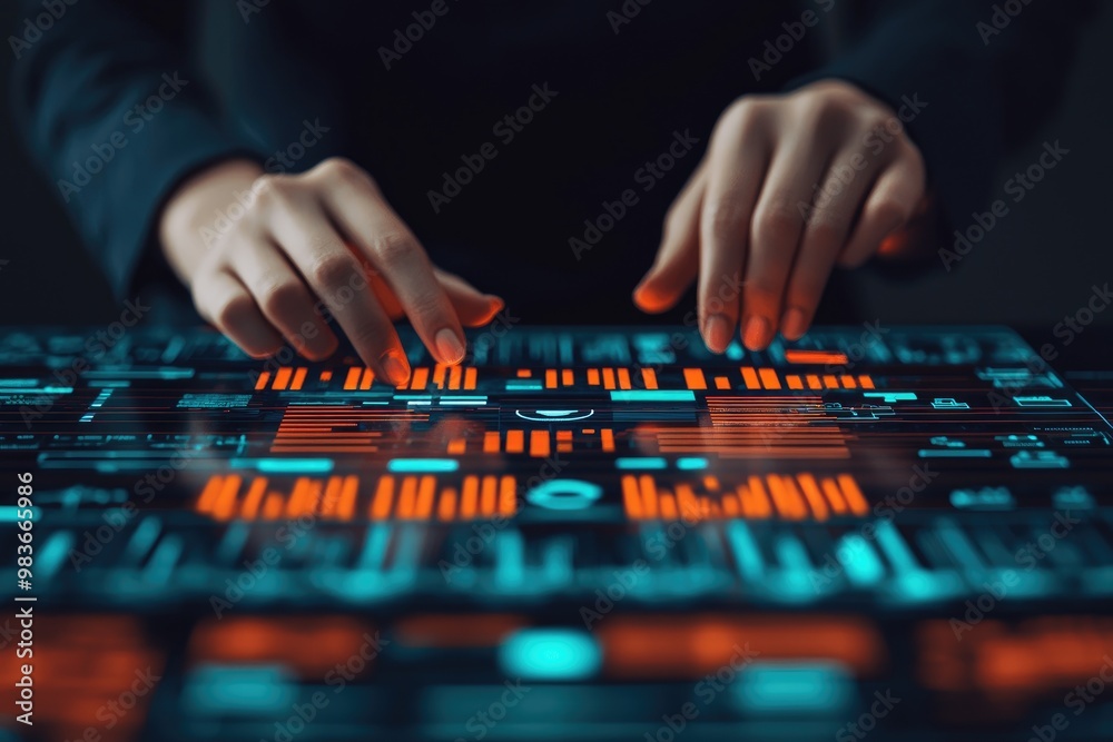 A business professional working on a digital marketing strategy, analyzing a holographic display of data analytics A business professional working on a digital marketing strategy, analyzing a holographic display of data analytics