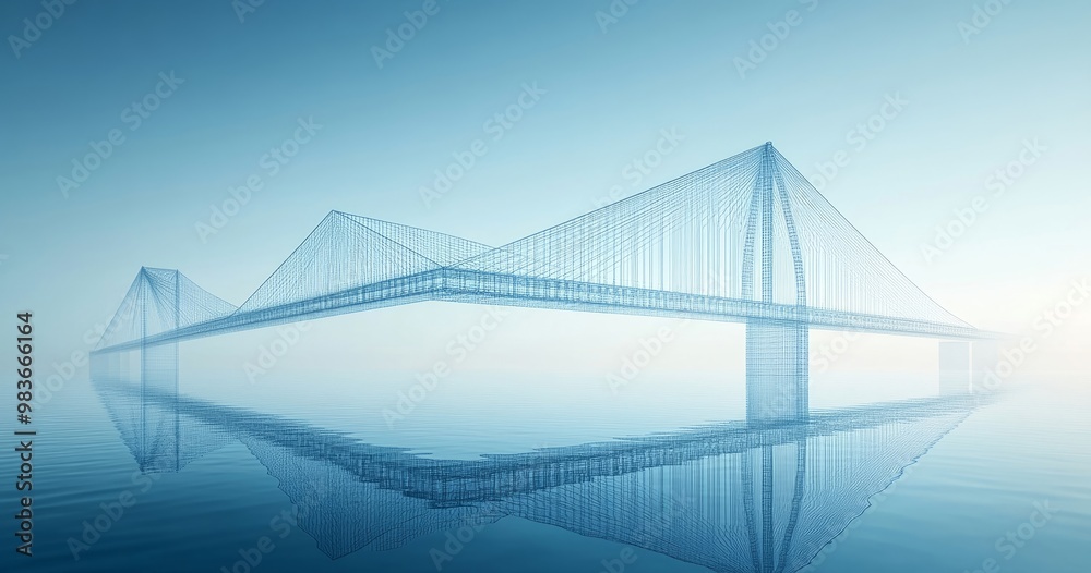 Obraz premium Futuristic Wireframe Bridge Over Calm Waters in Blue Serenity