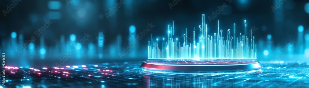 Abstract Futuristic Digital Cityscape with Illuminated Platform Abstract Futuristic Digital Cityscape with Illuminated Platform