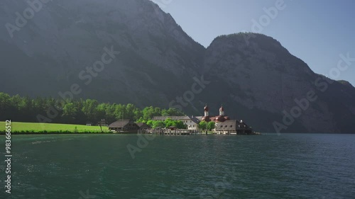 Germany. Konigsee. Kirche St. Bartholomaus. View of church St. Bartholomae from water. Berchtesgaden Nationalpark, Bayern Deutschlaland. Bartholomae (St. Bartholomew) pilgrimage church.  photo