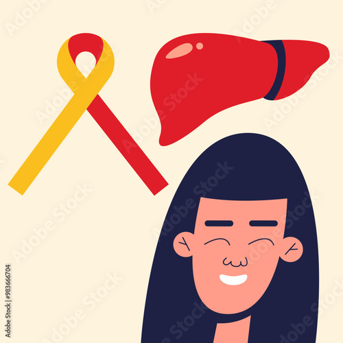 World Hepatitis Awareness Day. Girl smile Red and yellow ribbon. Flat vector illustration in cartoon style.