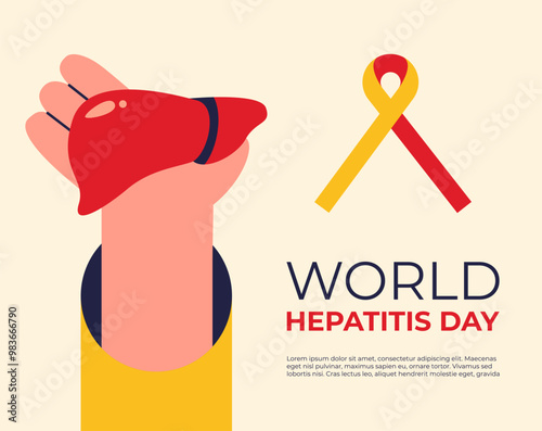 World Hepatitis Awareness Day. Hand show Red and yellow ribbon. Flat vector illustration in cartoon style.